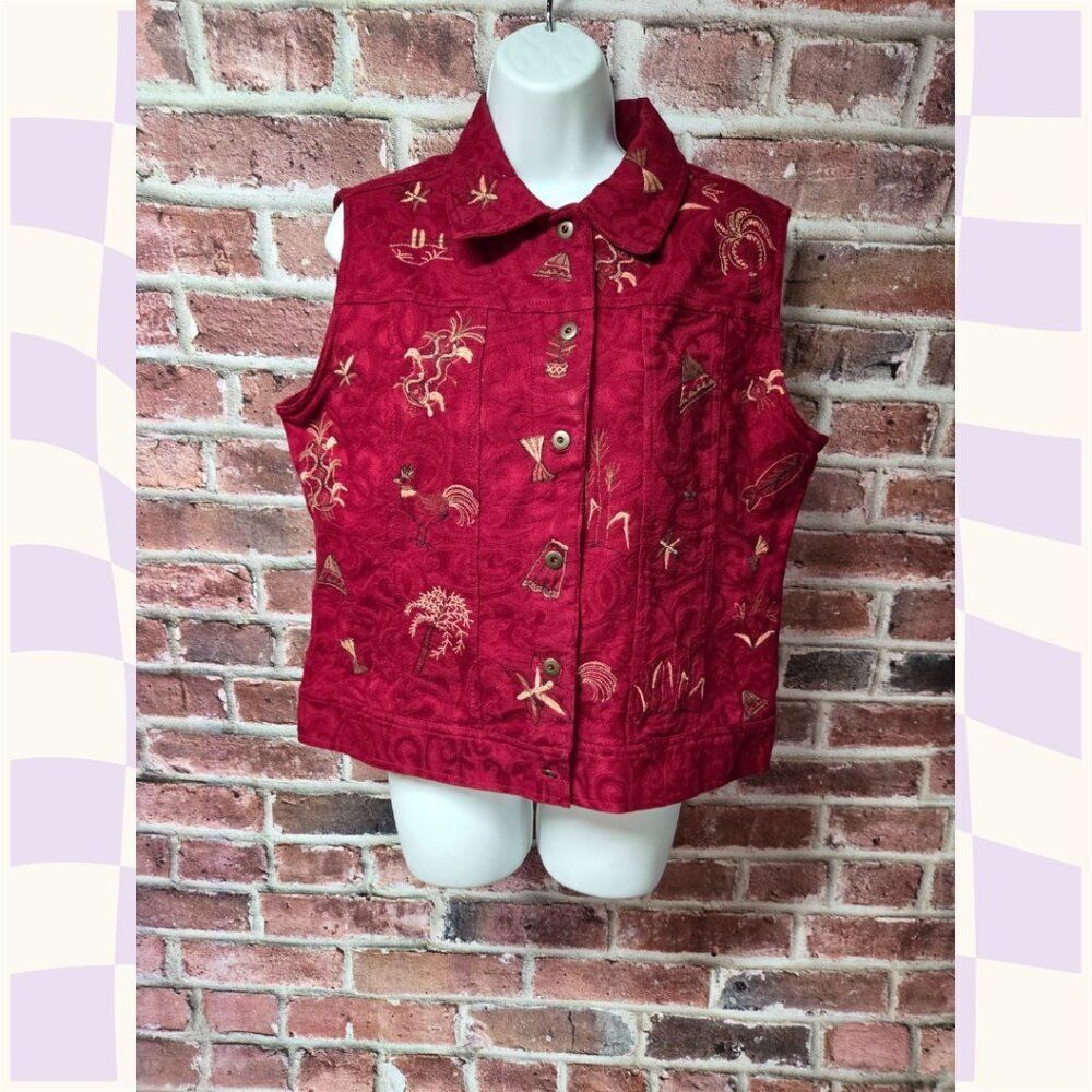 Vintage Tanjay Red Embroidered Farm Animal Vest – Women’s 12P Cotton Button Up